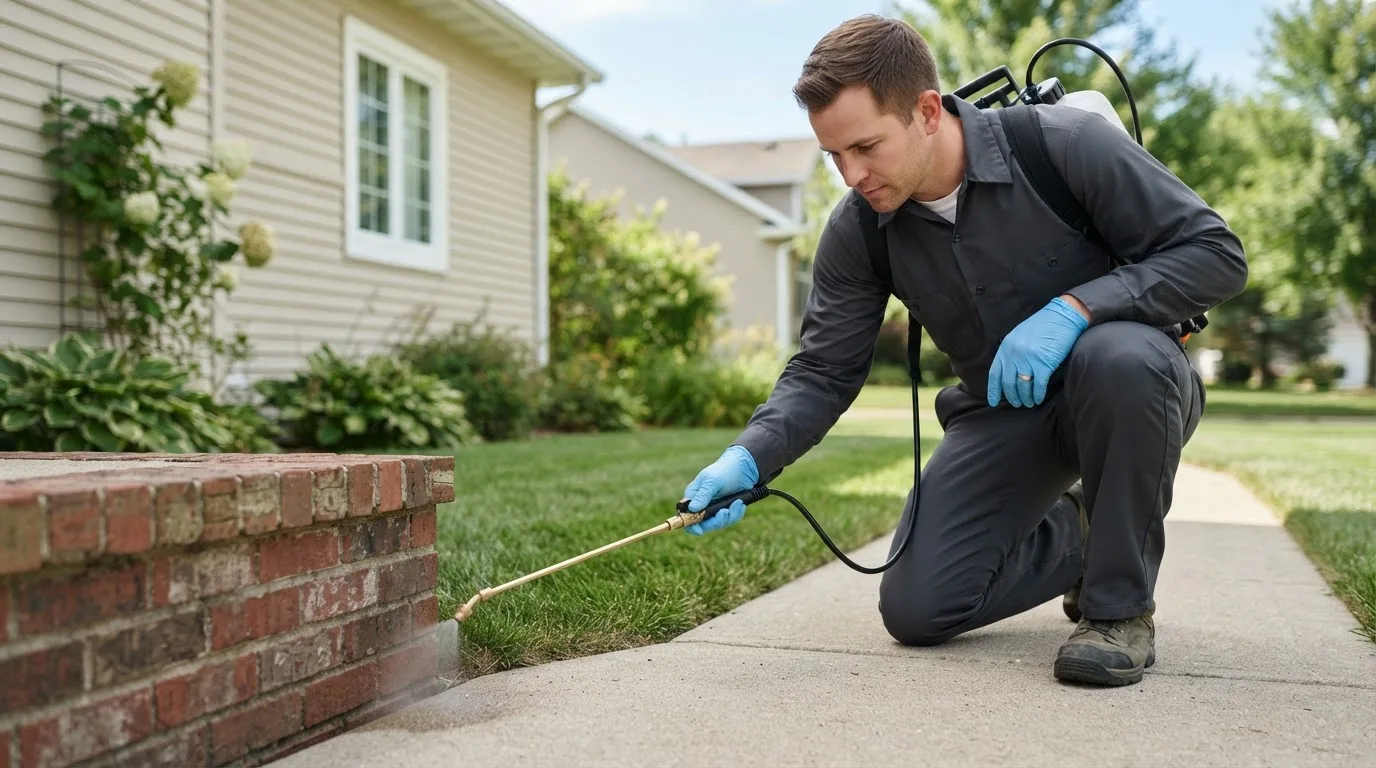 Pest control technician treating a home near Sibley, IA